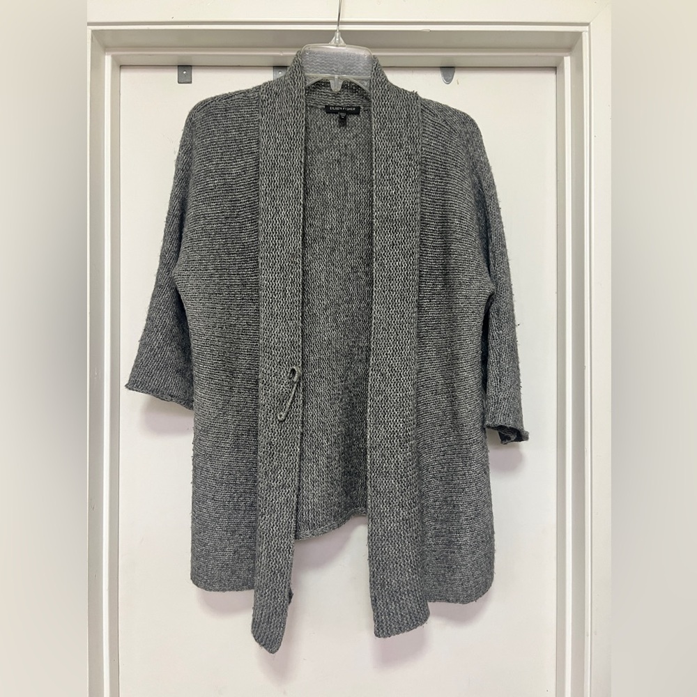 Eileen Fischer open cardigan, 3/4 length sleeves - safety pin - size M - gray